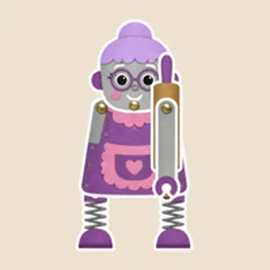Cut-paper fighter: a robot grandma with spring legs and a rolling pin