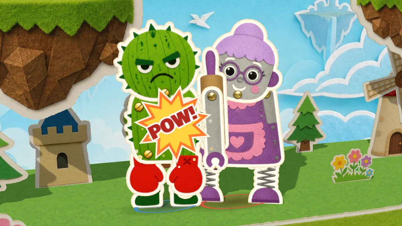 A close-up of a hit between a cactus and a robot grandma with a POW effect
